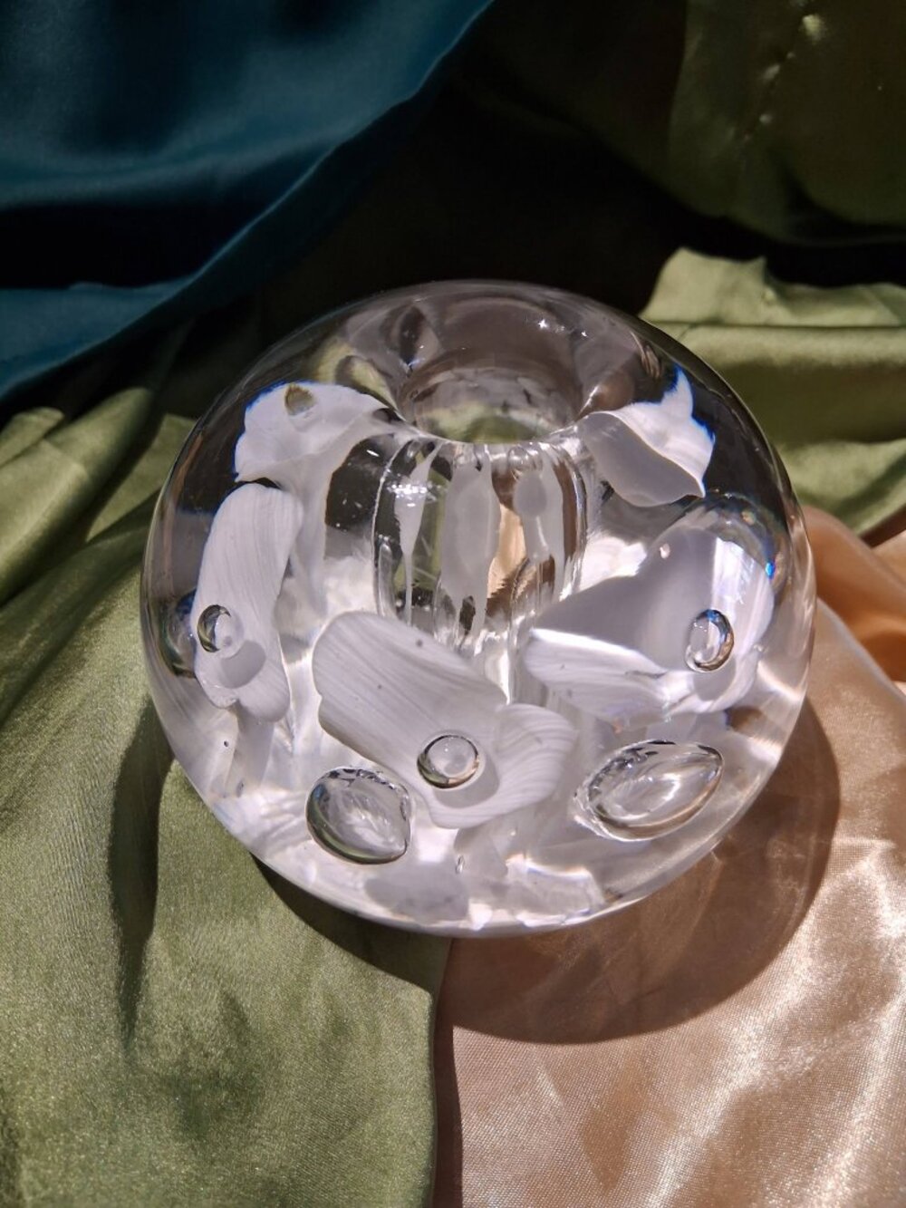 Vintage Studio Art Glass Encased White Calla Lily Orb Candle Holder